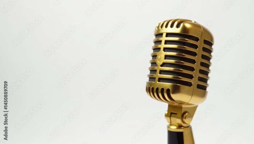 Fototapeta premium Close-up shot of a single gold microphone isolated on white , microphone, studio