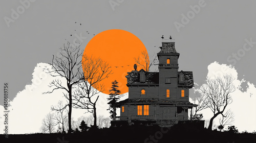Haunted house illustration spooky mansion with full moon halloween background graphic design art