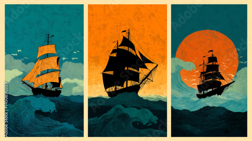 Vintage nautical art print of sailing ships on the ocean waves seascape artwork for home decor wall art