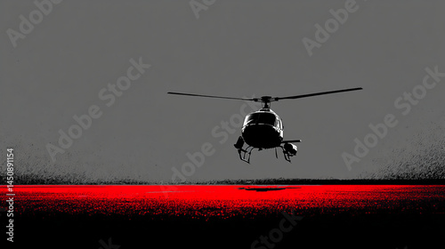 Helicopter flying over red field aerial view aviation chopper transport air travel search rescue 95
