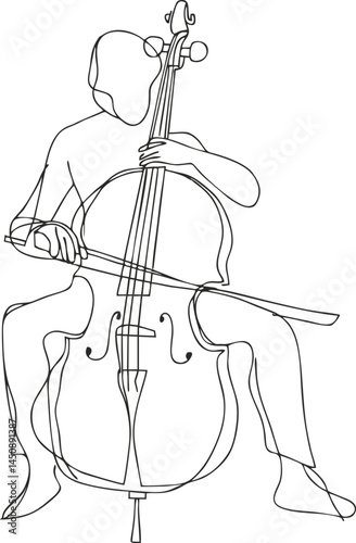 Person Playing Cello with Bow – Continuous Line Black Vector for Music School Posters, Classical Concert Flyers, Orchestra Programs, and Educational Material Design
