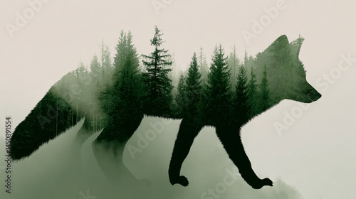 Fox silhouette with forest trees inside nature landscape wildlife animal photography design art print