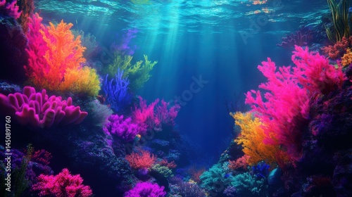 Wallpaper Mural Neon glow background, underwater scene, glowing marine life, bright neon corals, high contrast, vibrant ocean colors, futuristic aquatic, digital art Torontodigital.ca