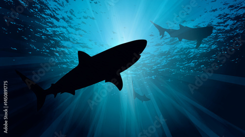 Shark silhouette underwater ocean marine life predator dangerous sea animal wildlife nature deep blue