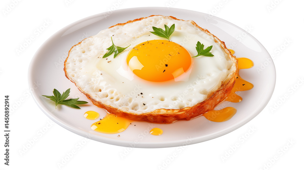 Sunny side up egg on a white plate garnished with parsley sprigs food isolated on transparent background Sunny side up egg on a white plate garnished with parsley sprigs food isolated on transparent background