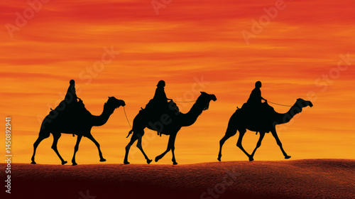 Camel ride desert safari travel tourism middle east arabian adventure sunset silhouette background