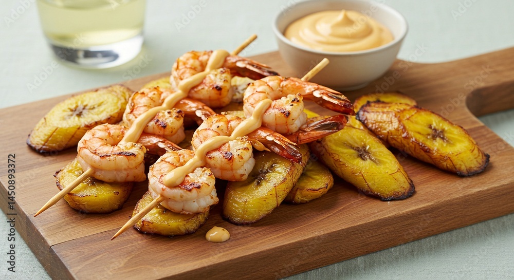 Grilled shrimp skewers served atop fried plantains, drizzled with creamy sauce, culinary delight.