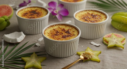 Creamy custard dessert in ramekins with tropical fruit and greenery for a colorful presentation.