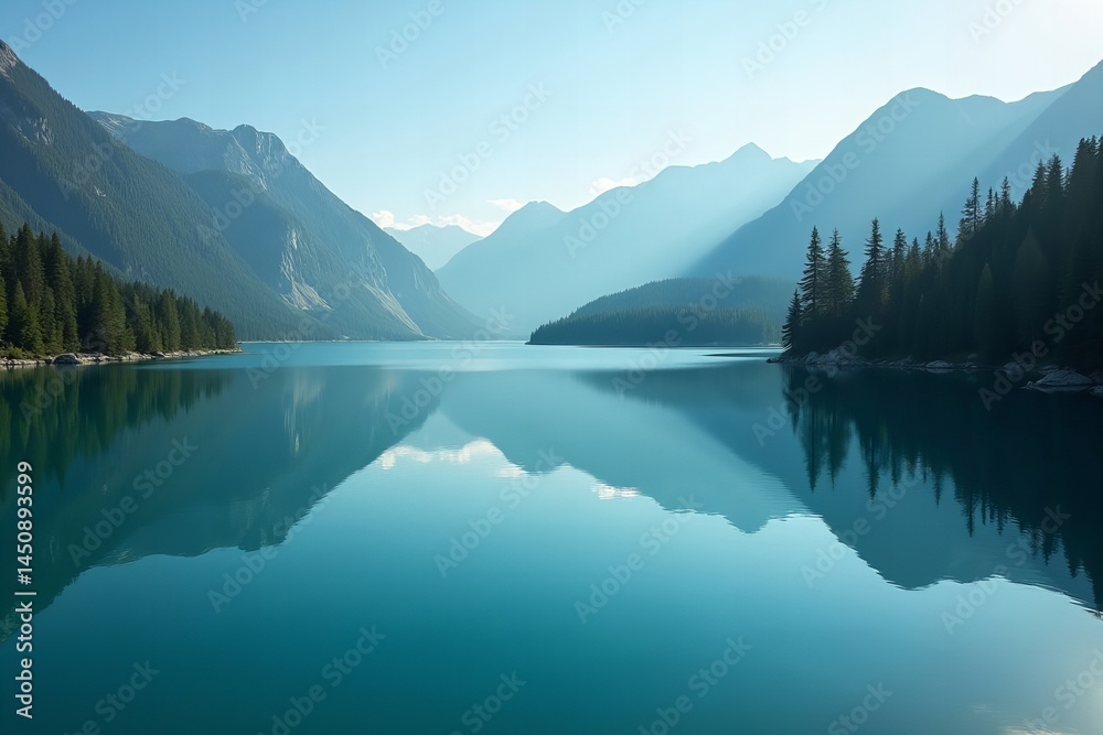 Fototapeta premium Serene Beauty from Above: A Crystal Clear Lake Reflecting Majestic Mountains and Lush Trees
