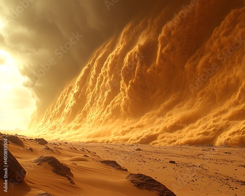 Immense sandstorm wall sweeps across desert landscape photo