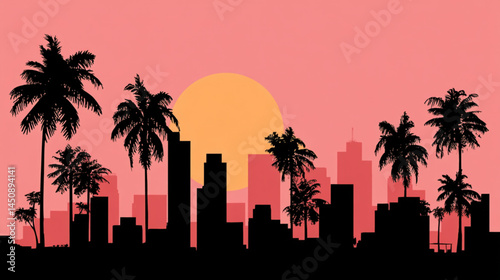 Download los angeles california sunset skyline palm trees silhouette vector illustration image art 4k
