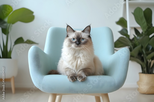 a Ragdolls cat sitting on a light blue minimalist chair in a cozy, clutter-free living room