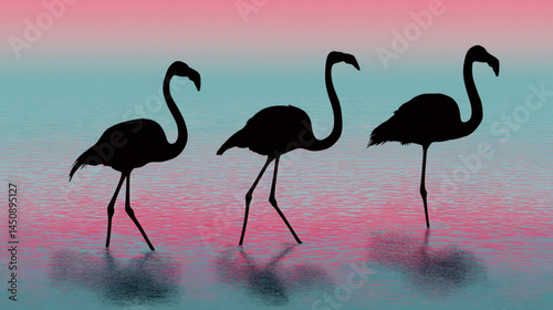Three flamingo bird silhouettes standing water reflection pink teal background wildlife nature art 95