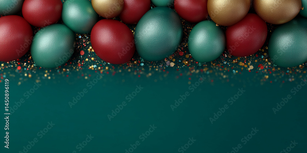 Red, green, gold textured spheres above teal background with confetti, creating festive, celebratory mood, ideal for holiday designs or announcements Red, green, gold textured spheres above teal background with confetti, creating festive, celebratory mood, ideal for holiday designs or announcements
