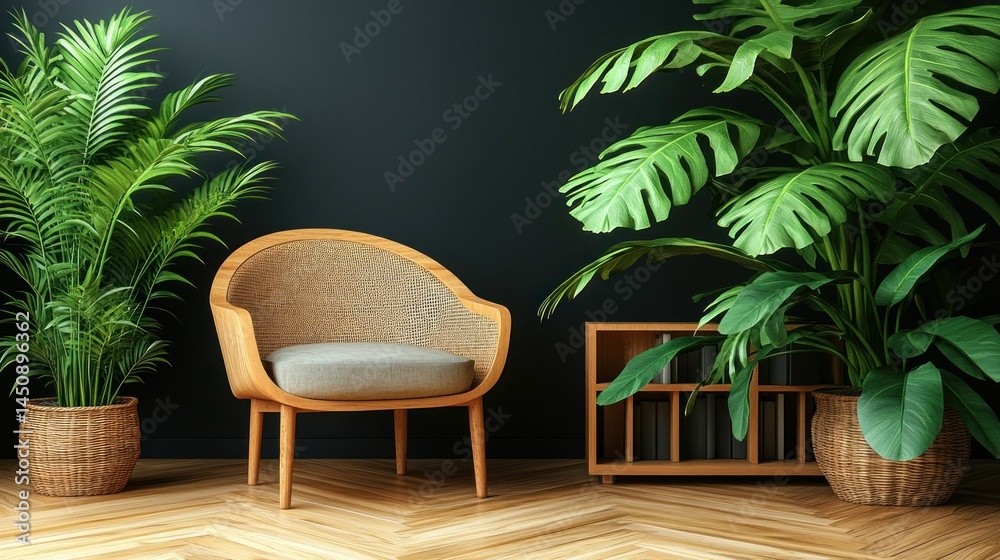 Fototapeta premium Interior scene with a chair, plants, and dark wall