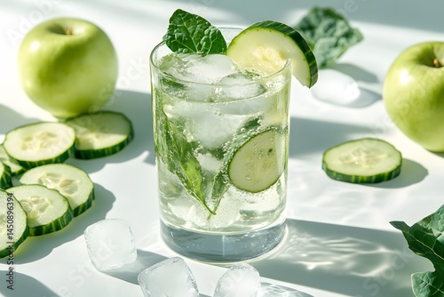 Refreshing cucumber and apple infused beverage with ice and mint, served in a clear glass on a white table. Healthy and refreshing drink.