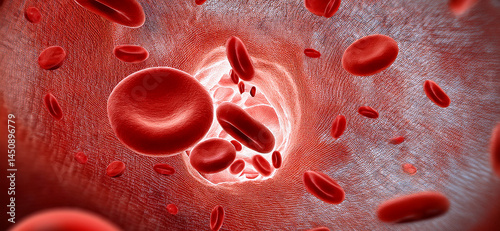 Microscopic view of blood vessels showing red blood cells, representing vascular conditions like atherosclerosis. Human vein in a medical illustration showing circulation and anatomy photo