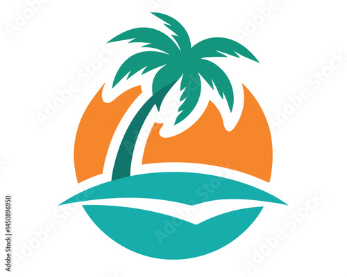 Tropical Paradise: A stylized illustration of a solitary palm tree silhouetted against a vibrant orange sun, set on a lush green island. The idyllic scene evokes the promise of relaxation, adventure.