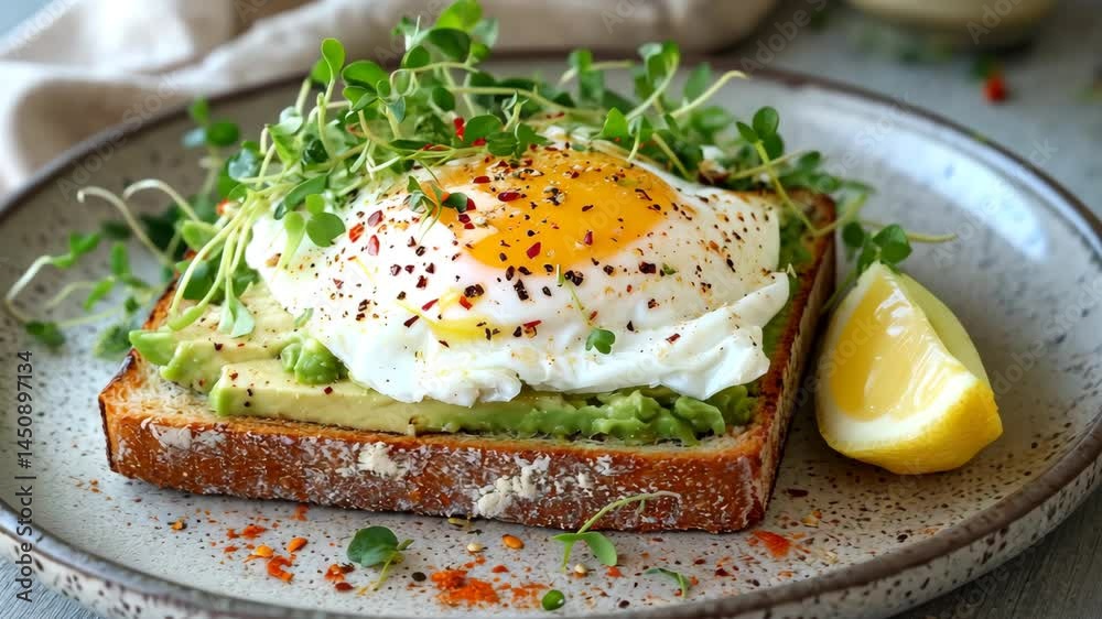 Avocado toast and fried egg, closeup Avocado toast and fried egg, closeup