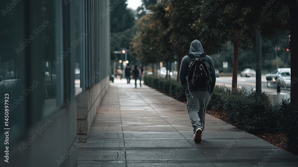 Obraz premium Student walking alone on campus sidewalk realistic photograph urban environment side view self-reflection