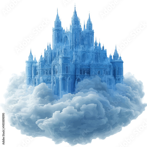 illustration of Crystal Castle In The Clouds, watercolor vector, isolated on a white background.