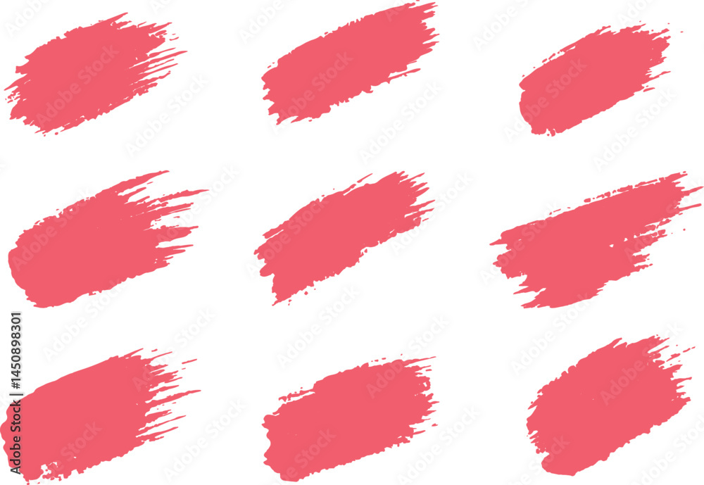 Nine vibrant, textured, coral-pink paint strokes on a white background. Nine vibrant, textured, coral-pink paint strokes on a white background.