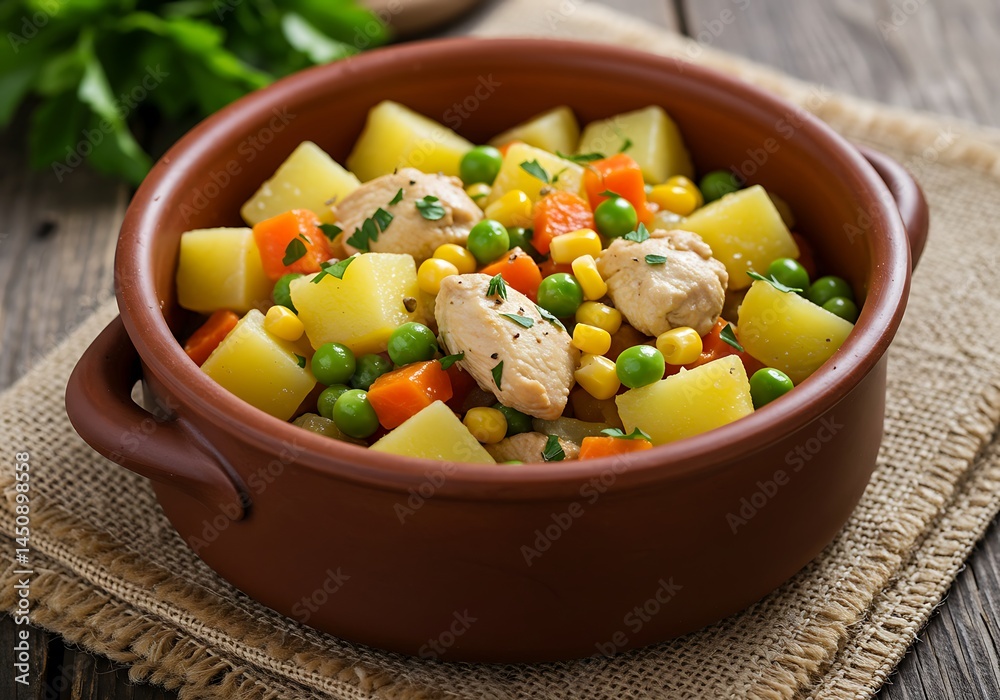 A close up of a brown bowl filled with chicken and vegetables on a burlap surface on a wooden table A close up of a brown bowl filled with chicken and vegetables on a burlap surface on a wooden table