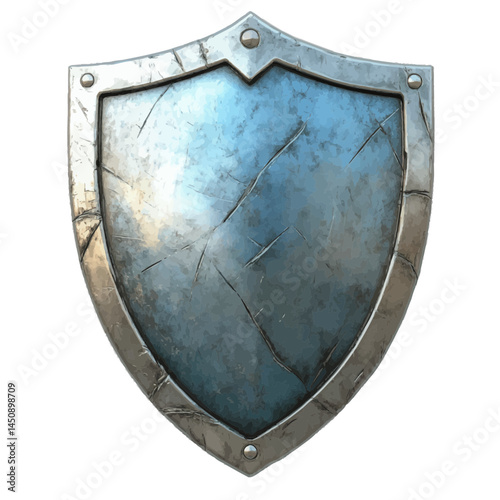 Volumetric illustration of a broken shield icon with a textured metallic finish and blue undertones