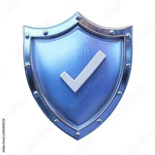 Detailed volumetric illustration of a checkmark shield icon showcasing security and trust in a digital context