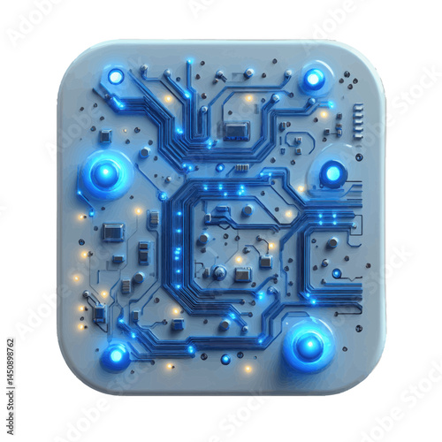 Volumetric illustration of a circuit board icon with glowing blue lights and intricate details