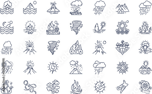 Natural disaster line icon set. Vector pictograms of extreme weather, environmental catastrophes, earthquake, wildfire, tsunami, hurricane, tornado, volcanic eruption