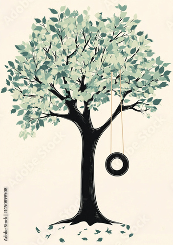 Illustration of tree with tire swing vector graphic nature art print design element image stock photo