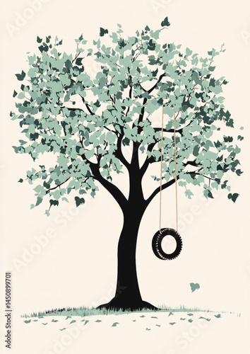 Tree swing illustration vector graphic design for nature lovers and childhood memories art print