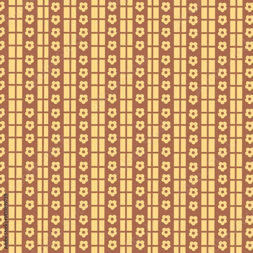 Seamless Pattern with Flowers and Grid in Yellow and Brown Tones