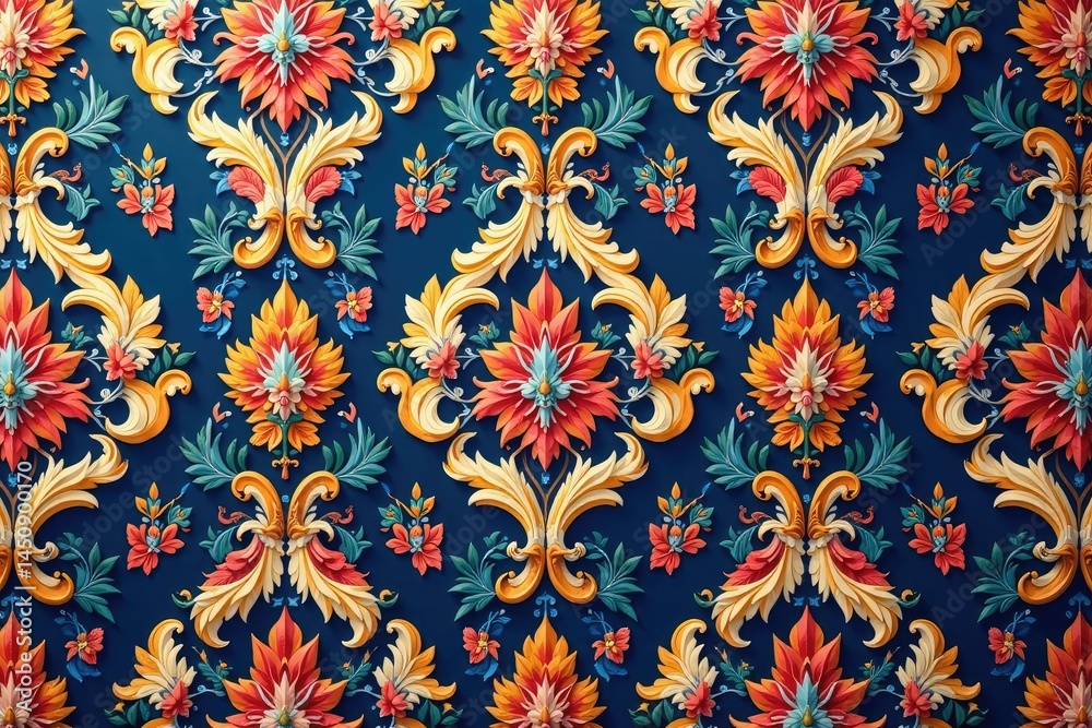 Symmetrical damask pattern, repeating curves and blossoms , embroidery, floral Symmetrical damask pattern, repeating curves and blossoms , embroidery, floral