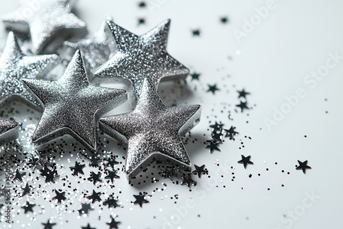 Sparkling silver stars on white background with glitter decoration for festive celebrations