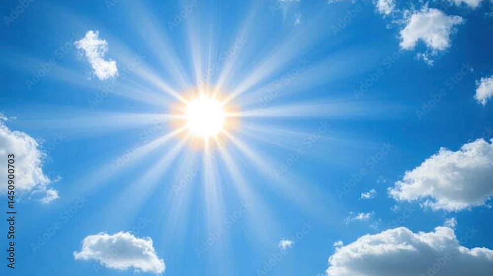 Bright sun shining through clouds in blue sky Bright sun shining through clouds in blue sky