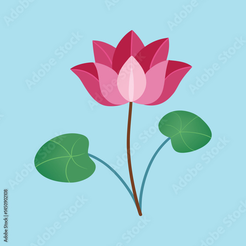A beautifully simple vector lotus flower and lily pads illustration on blue background
