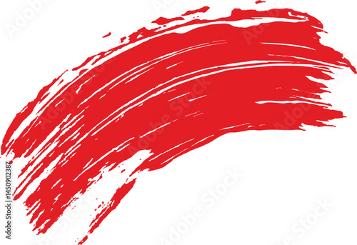 A bold, sweeping red paint stroke against a white background evokes energy and movement.