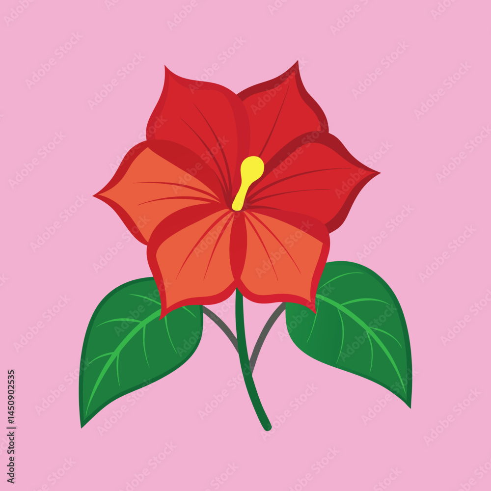 Obraz premium Stylized Red Flower with Green Leaves on Pink Background Illustration Art