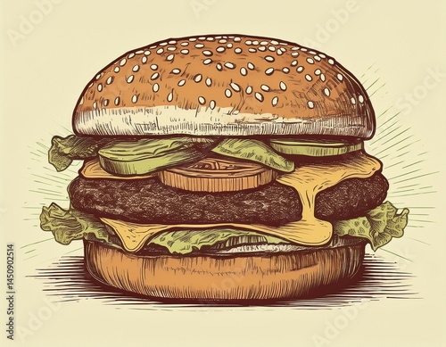 big burger hamburger hand drawn illustration sketch retro style