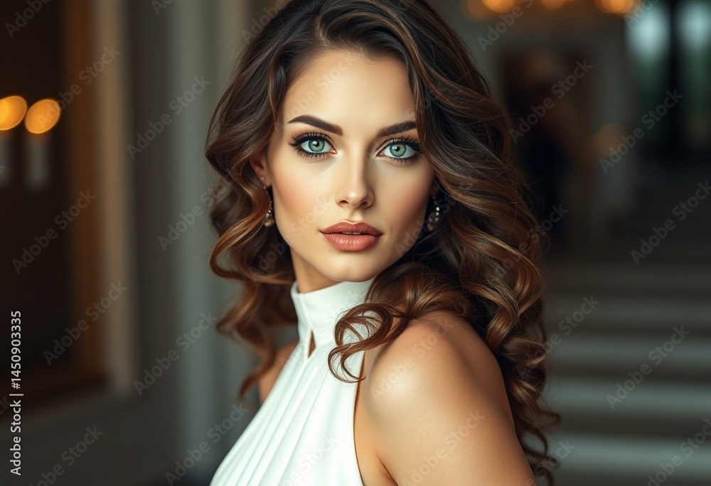 Semi-profile portrait of a glamorous woman in evening attire Semi-profile portrait of a glamorous woman in evening attire