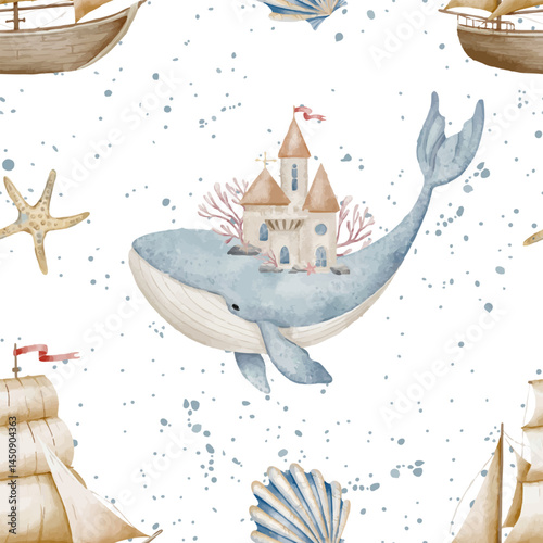 Watercolor seamless Pattern with Whale and Boat for childish wallpaper or kids textile design. Nautical Background with underwater animal for kids linen in pastel colors. Ornament in fairytale style.