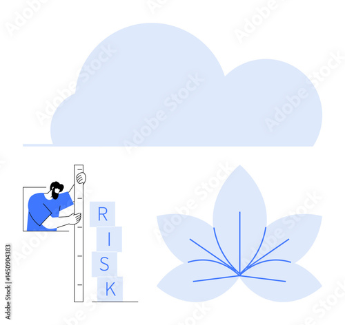 Man measuring stacked blocks labeled risk beside a clean lotus flower and cloud. Ideal for data analysis, risk evaluation, growth strategy, wellness, teamwork, balance, simple landing page