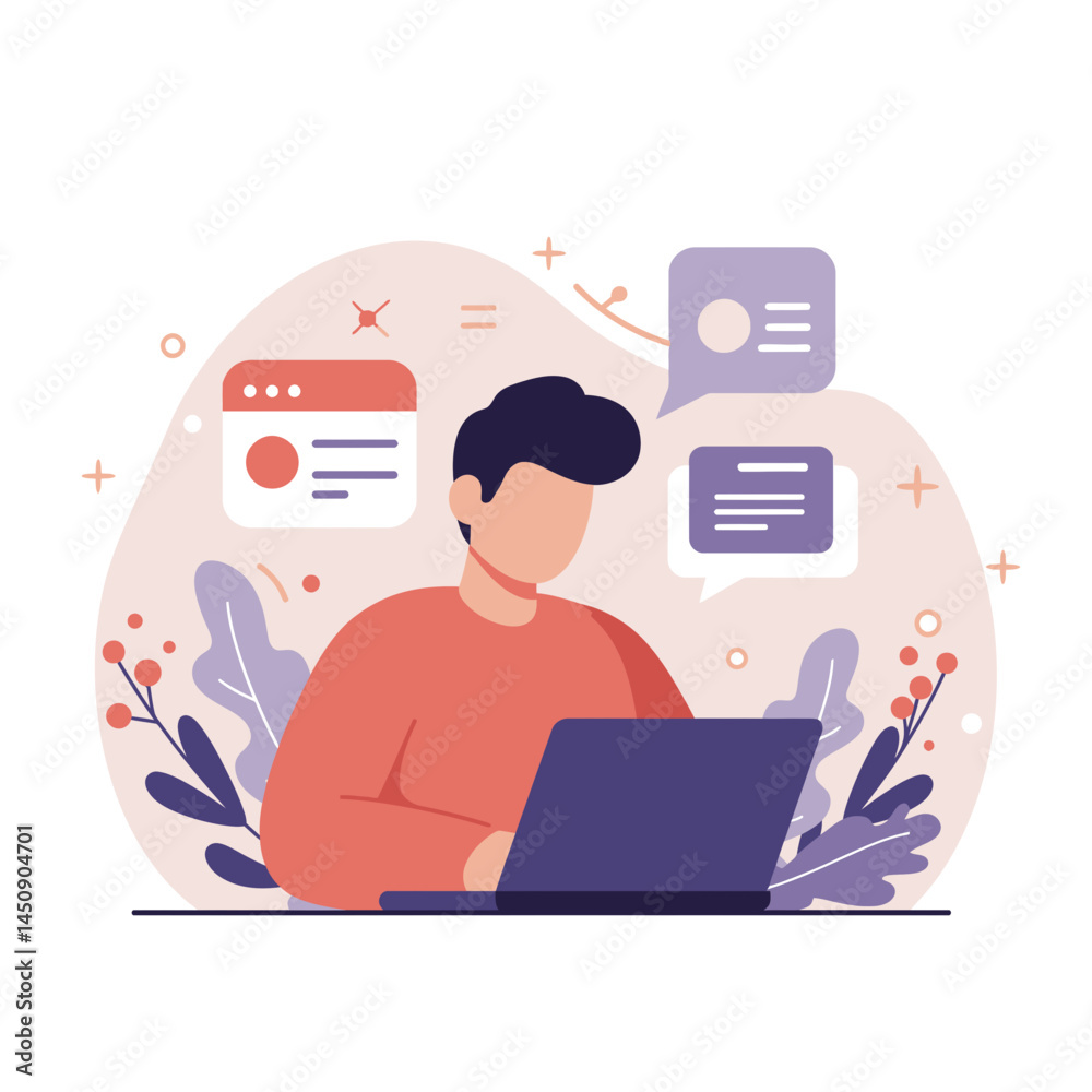 Young man working on a laptop with chat bubbles in a creative setting Young man working on a laptop with chat bubbles in a creative setting