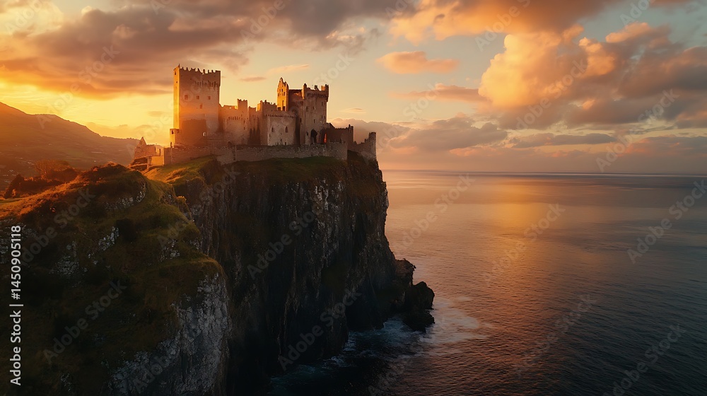 Obraz premium Dramatic coastal castle at golden hour.