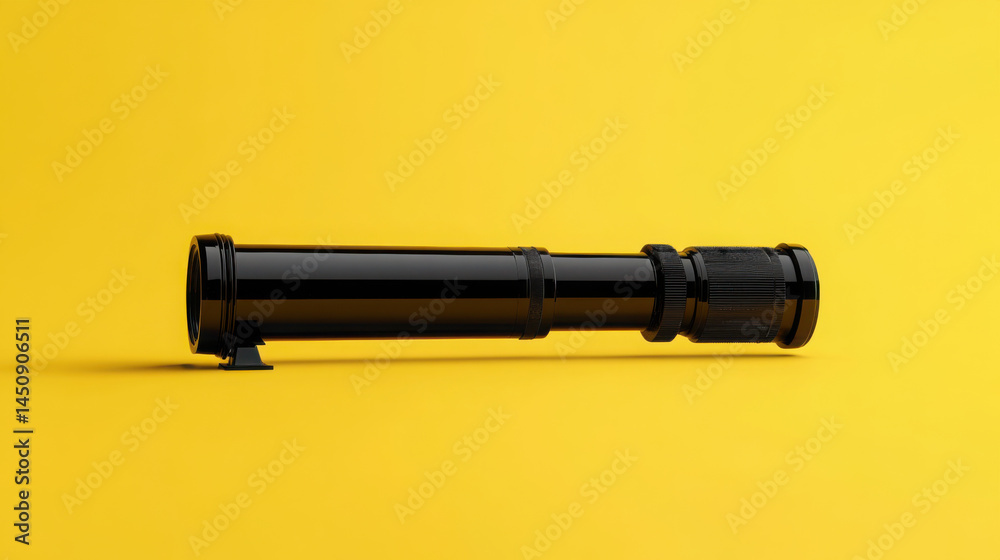 Fototapeta premium Celestial Focus: Realistic Black Telescope Side View on Yellow Canvas