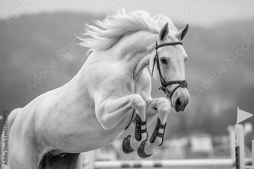 Black and white banner featuring a stunning white horse in an equestrian show jumping competition with space for text.