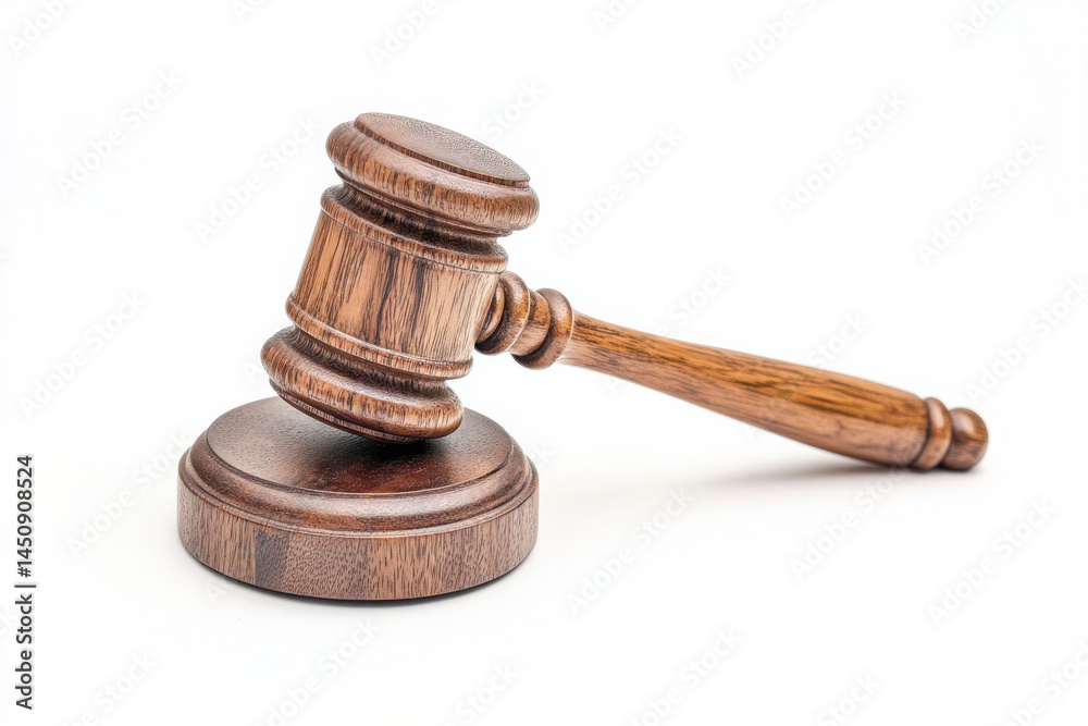 Wooden gavel resting on block on white background Wooden gavel resting on block on white background
