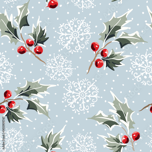 Christmas seamless pattern, holly twigs with red berries, snowflakes, snow, gray background. Vector illustration. Nature design. Season greeting. Winter holidays